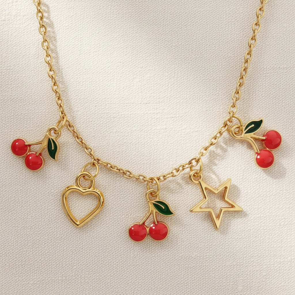 Kirschen Charm-Kette gold handgefertigt