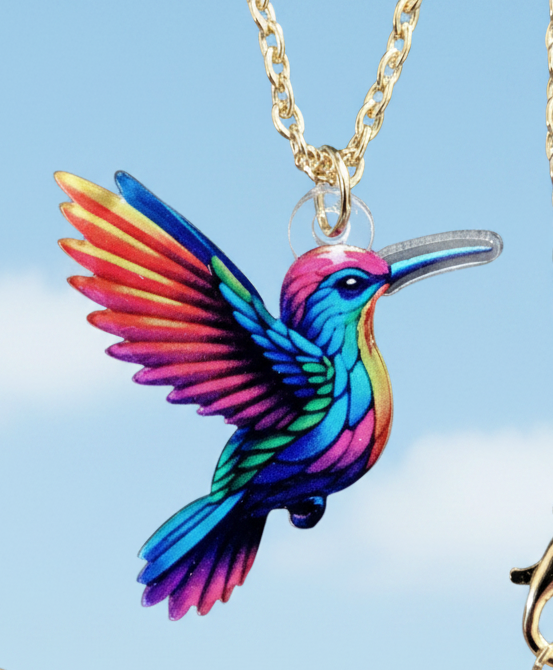 Kolibri Kette bunt – Acryl Anhänger goldfarben