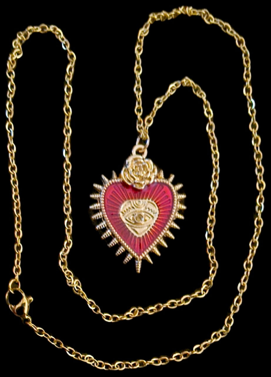 Halskette Sacred Heart Rose All-Seeing Eye Edelstahl gold rotes Herz komplett
