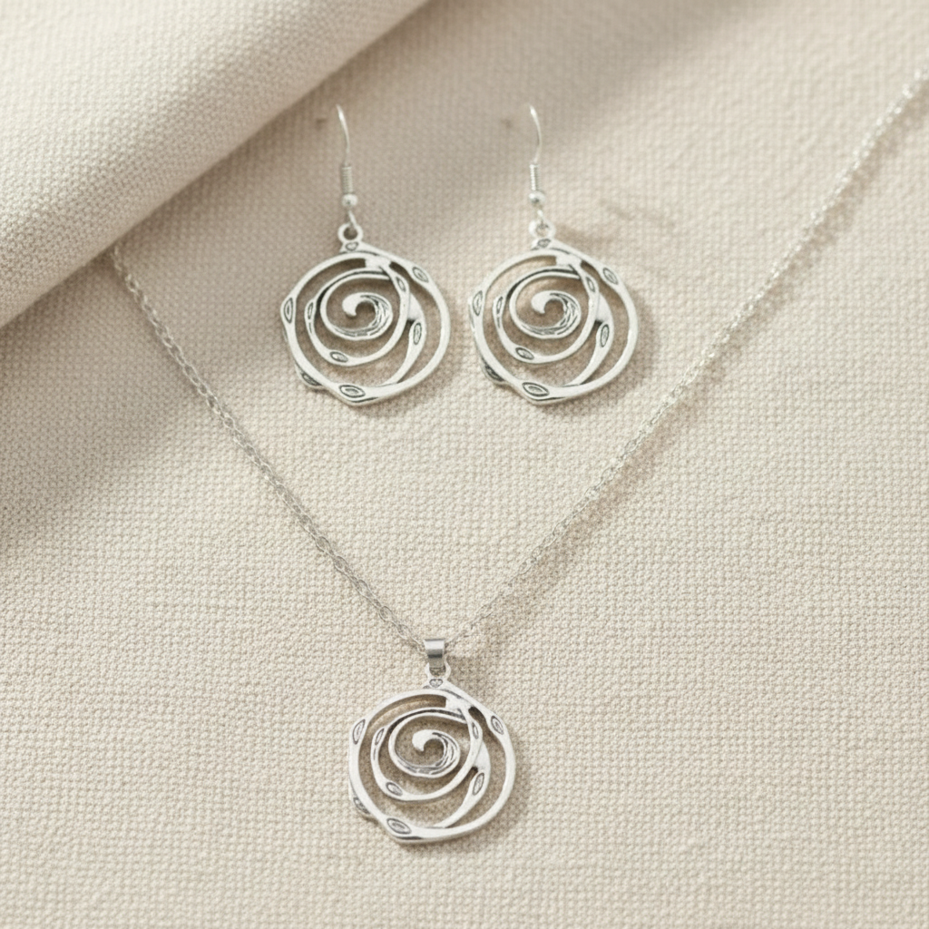 Schmuckset Rosen-Spirale – Kette & Ohrringe Edelstahl silber