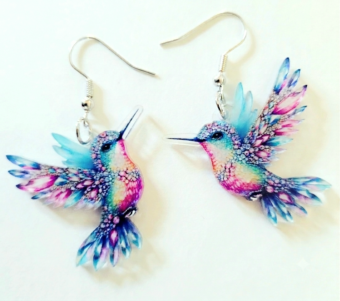 Kolibri Ohrringe blau rosa mit silberfarbenem Fischhaken