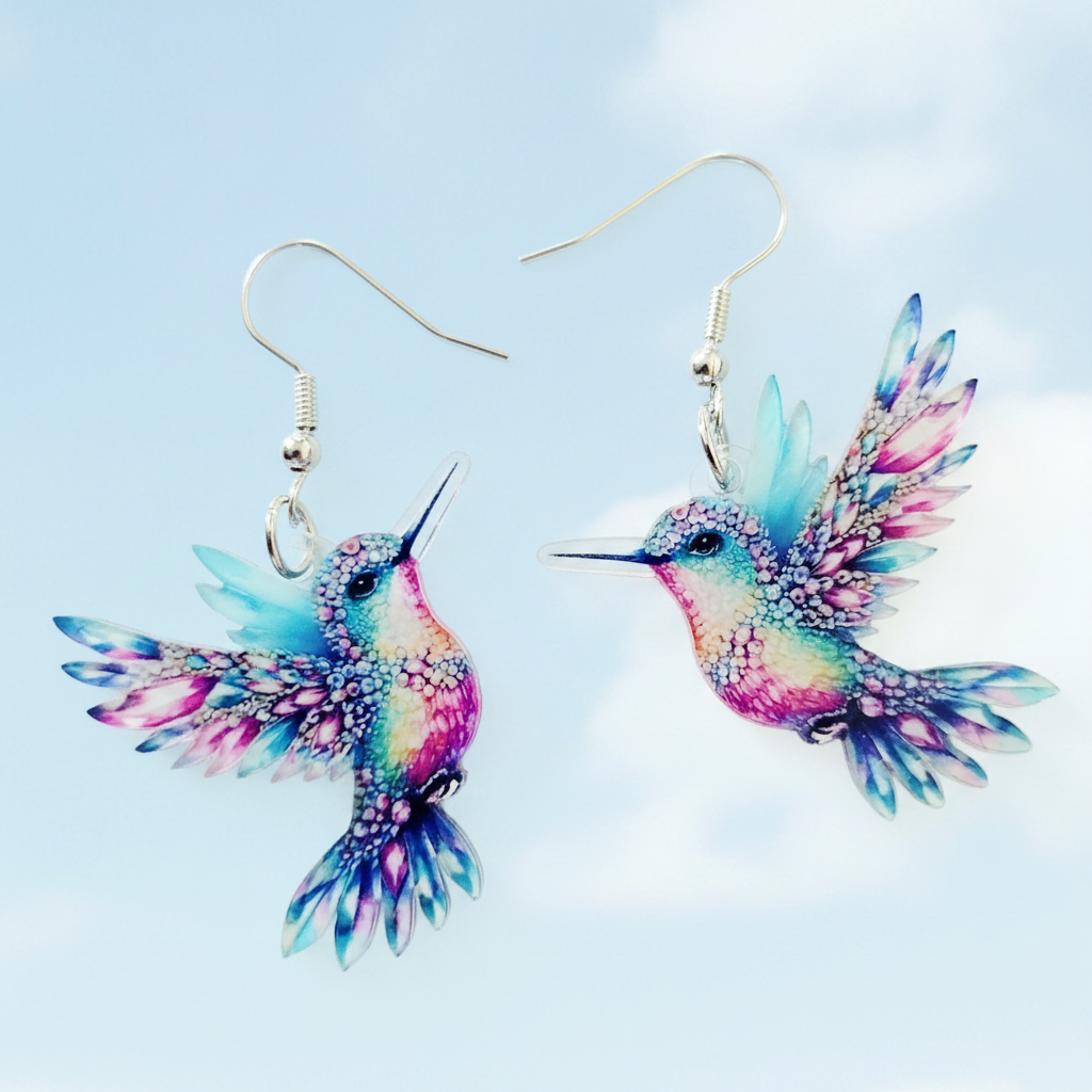 Kolibri Ohrringe blau rosa mit silberfarbenem Fischhaken