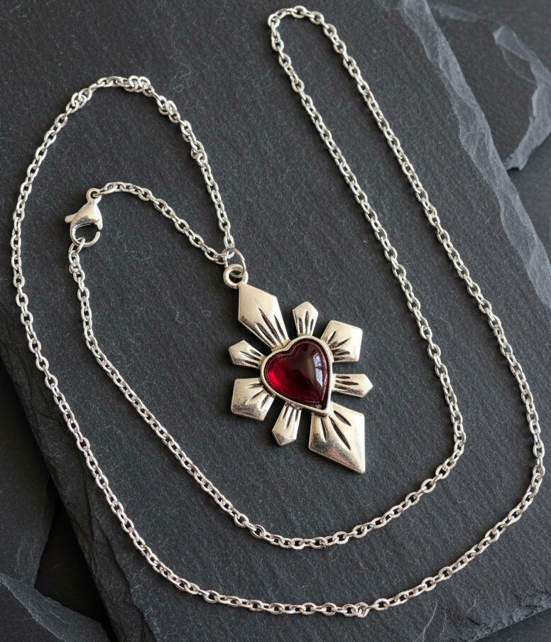 Halskette Sacred Heart Kreuz – Edelstahl silber mit rotem Herz