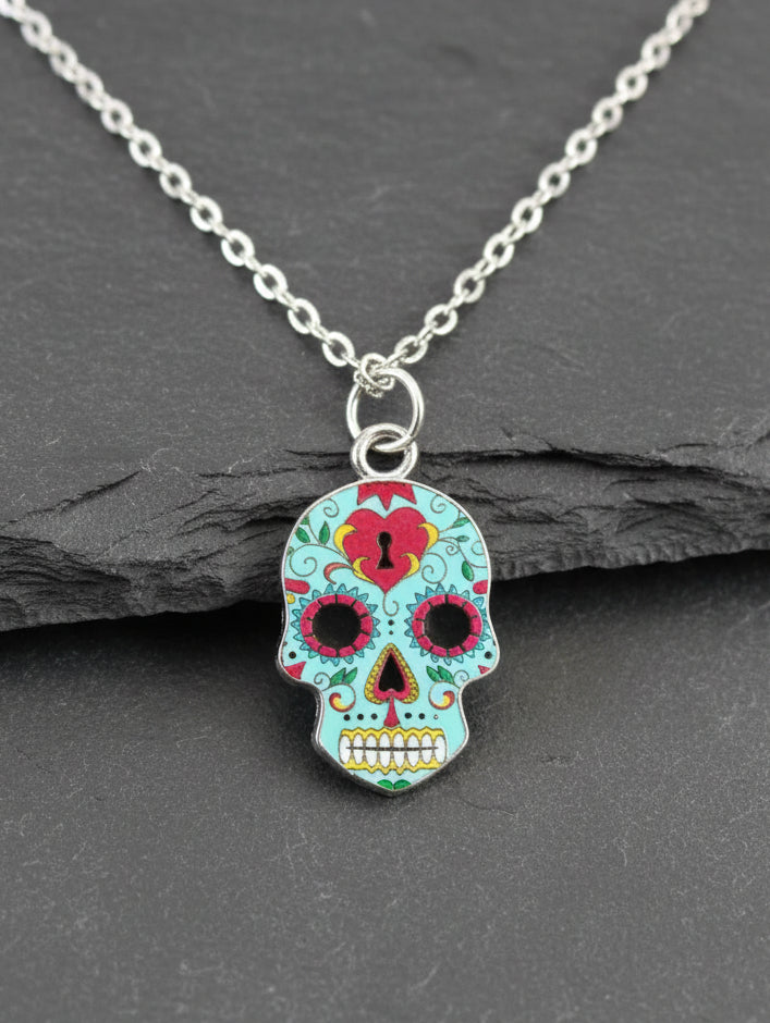 Halskette Sugar Skull türkis silberfarben