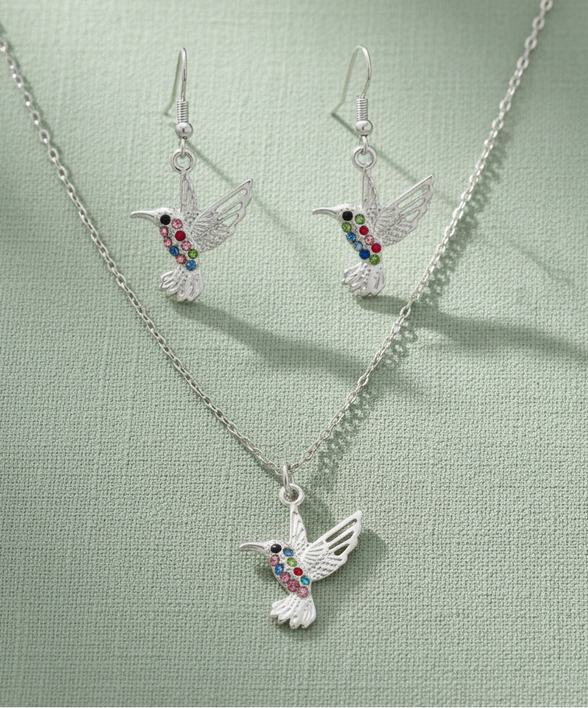 Schmuckset Kolibri mit Strasssteinen gold- oder silberfarben