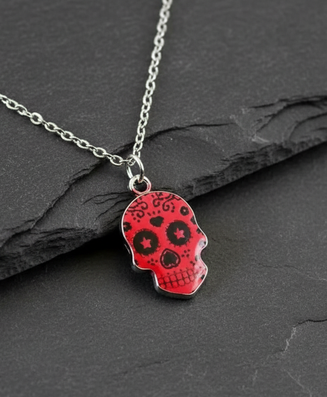 Halskette Sugar Skull rot silberfarben