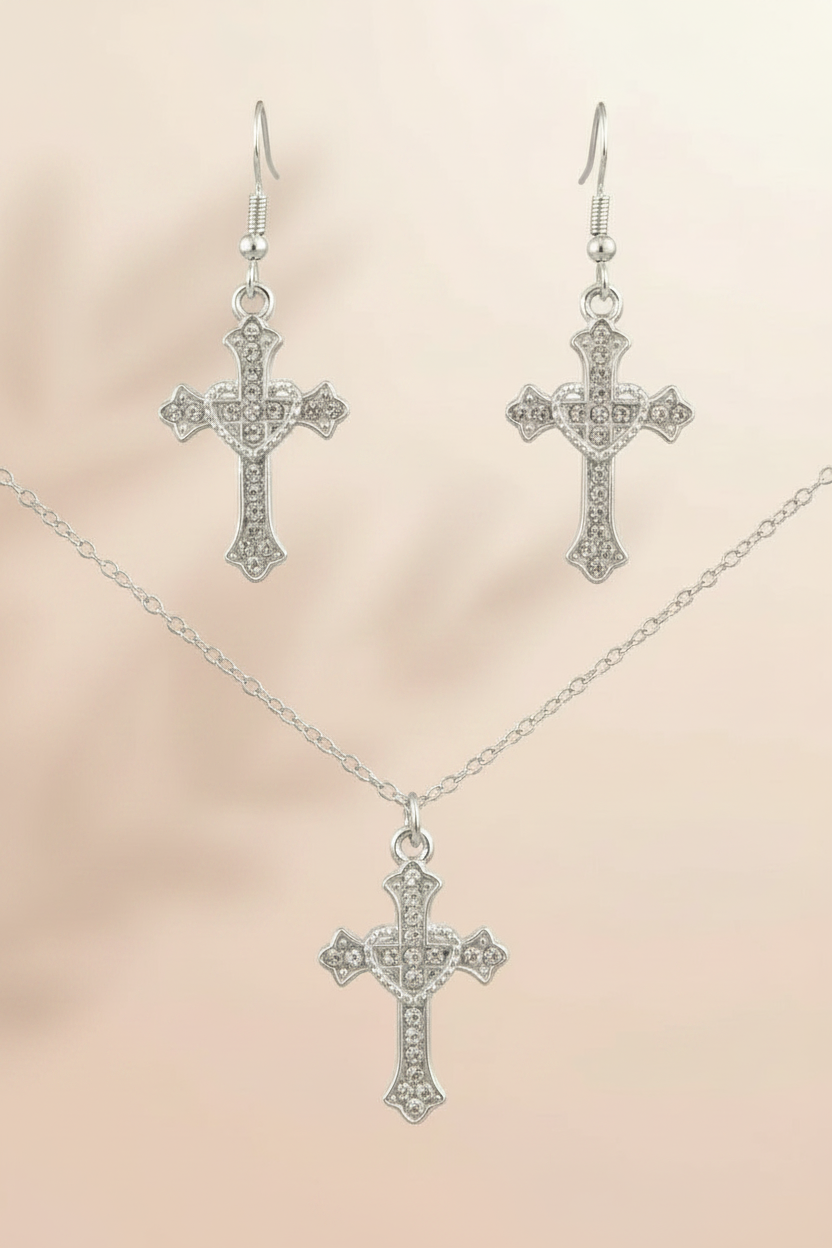 Schmuckset Kreuz mit Strasssteinen silberfarben