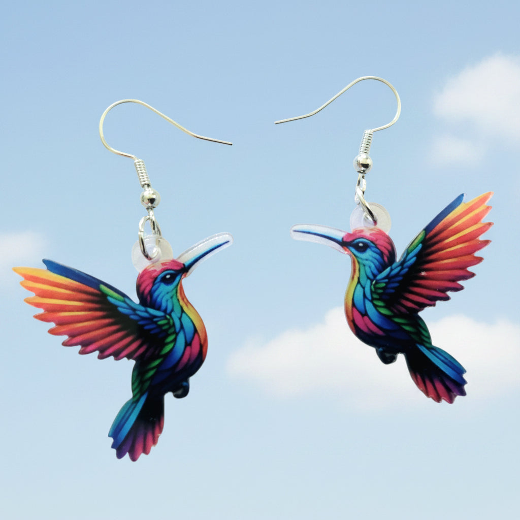 Kolibri Ohrringe bunt – Acryl Anhänger silber