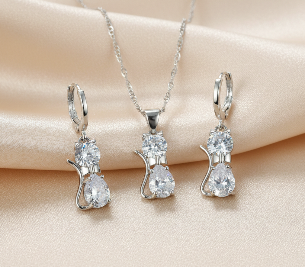 Schmuckset Katze 925 Silber Zirkonia