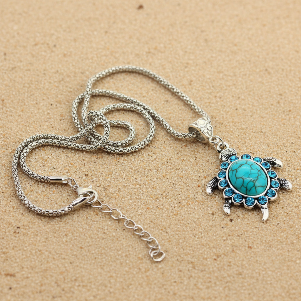 Schmuckset Schildkröte – Kette & Ohrringe türkis Strasssteine