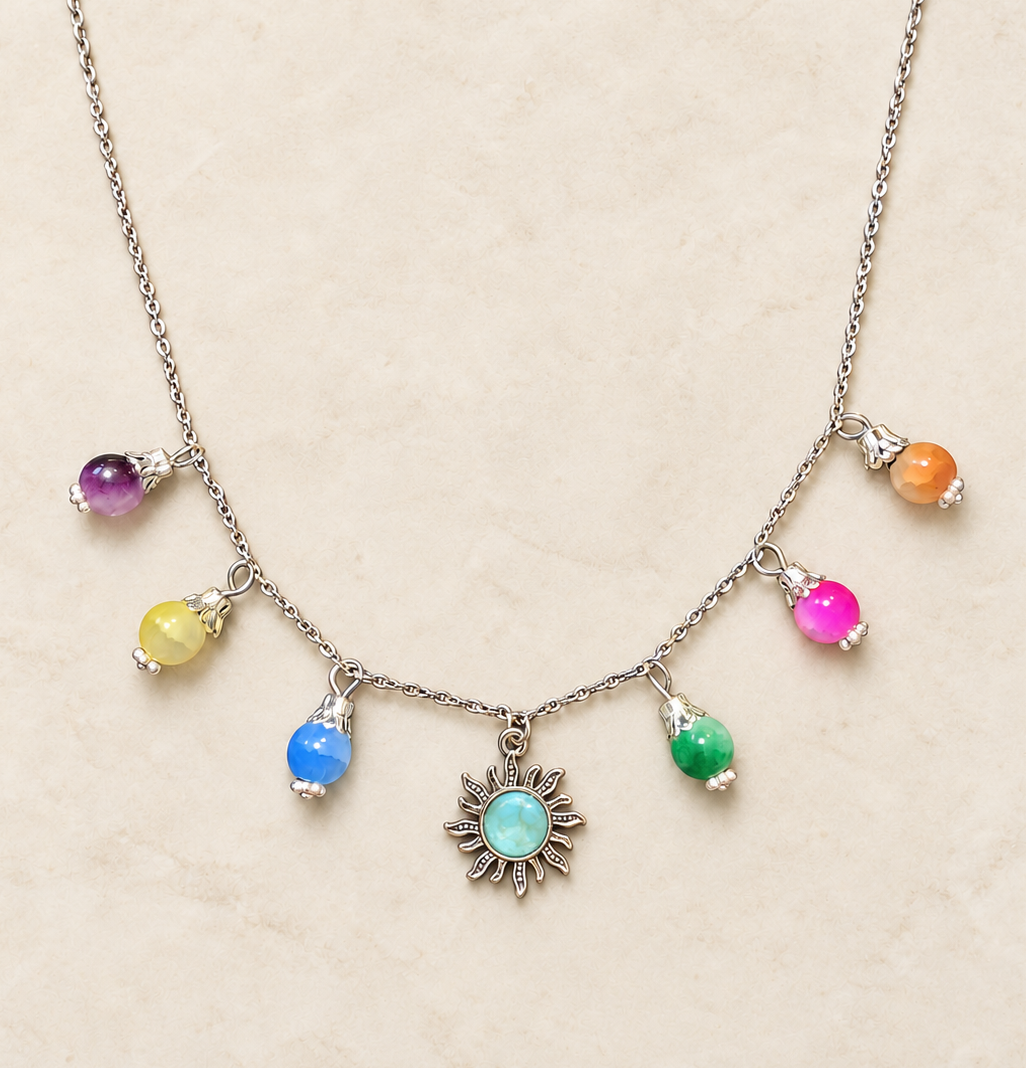 Charm-Kette Sonne Türkis bunte Glasperlen silberfarben handgefertigt