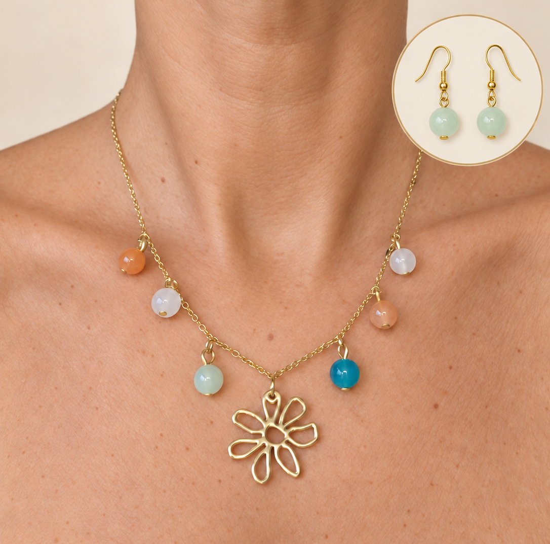 Schmuckset Blume Pastell goldfarben handgefertigt