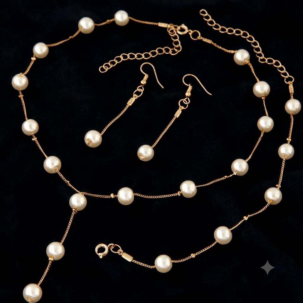 Perlen-Schmuckset Gold – Kette, Armband & Ohrringe