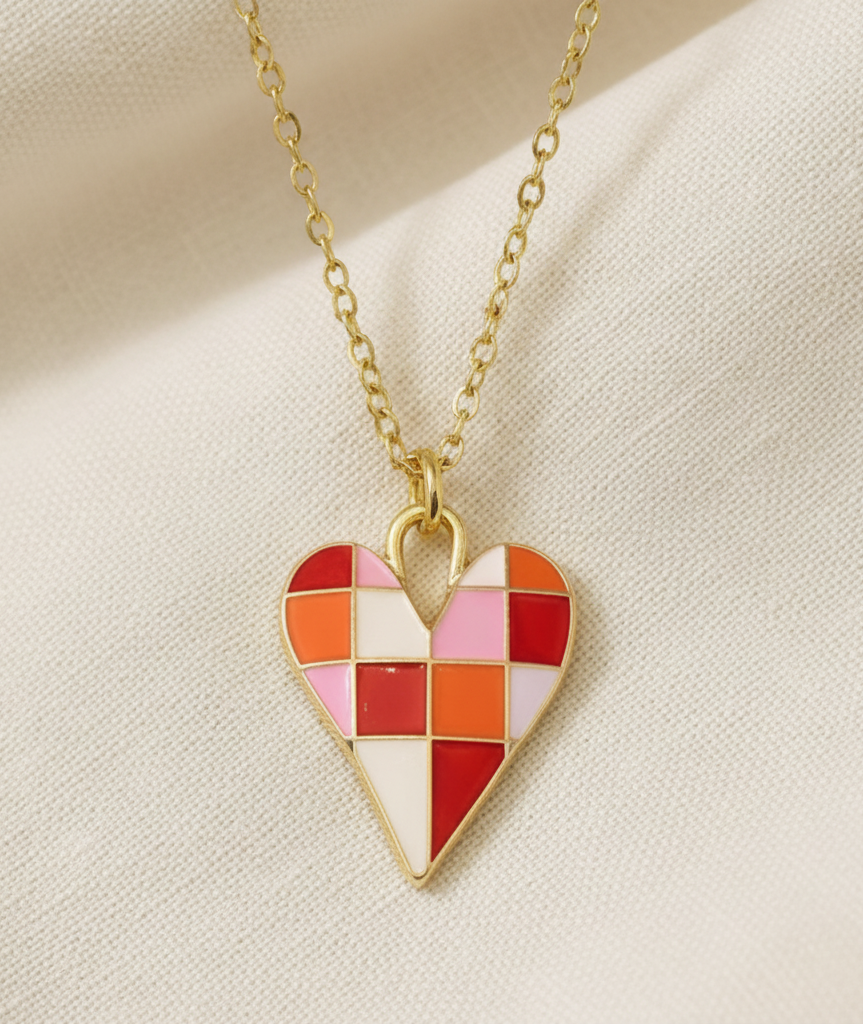 Kette Herz Karo goldfarben rot pink Edelstahl