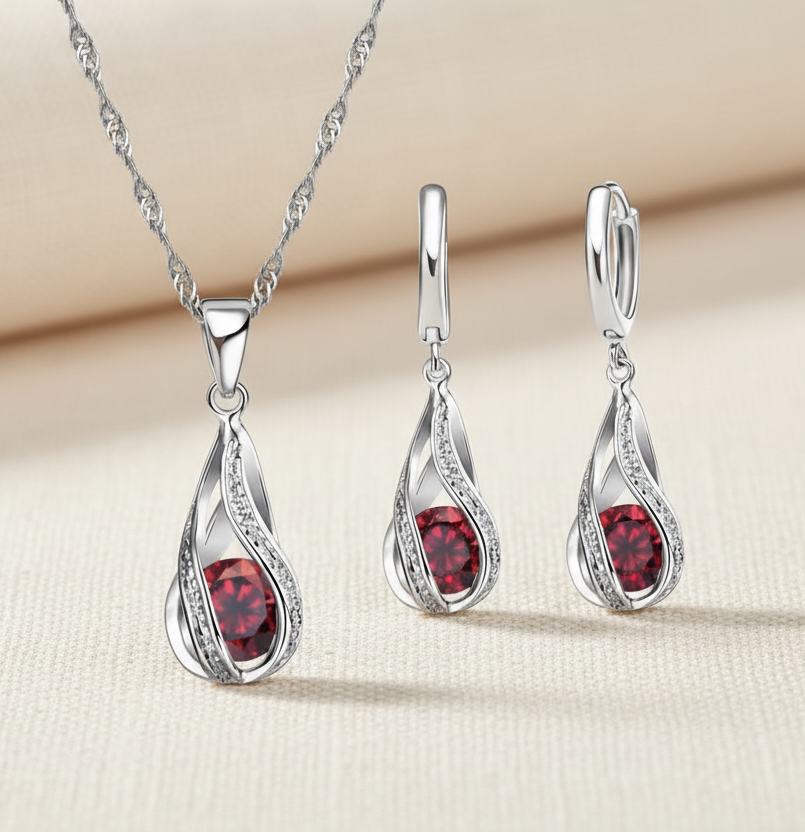 Schmuckset Tropfen 925 Silber mit rotem Zirkonia