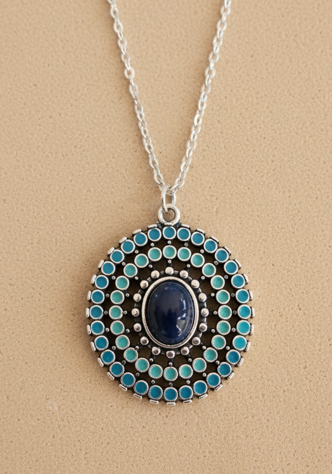 Kette Mandala silberfarben türkis Edelstahl