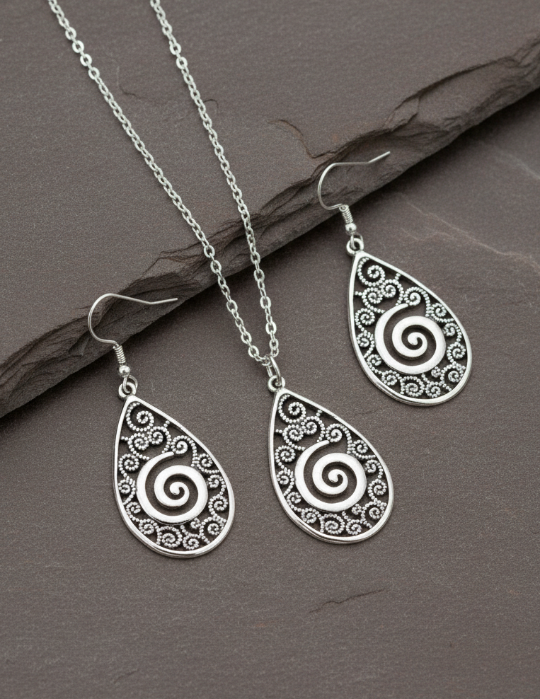 Schmuckset Boho Tropfen-Spirale silberfarben Edelstahl