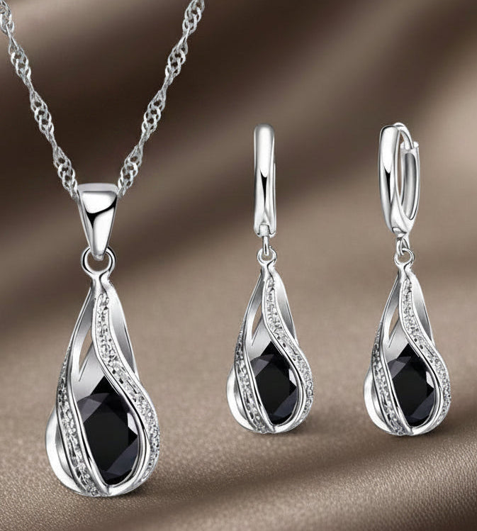 Schmuckset Tropfen 925 Silber mit schwarzem Zirkonia