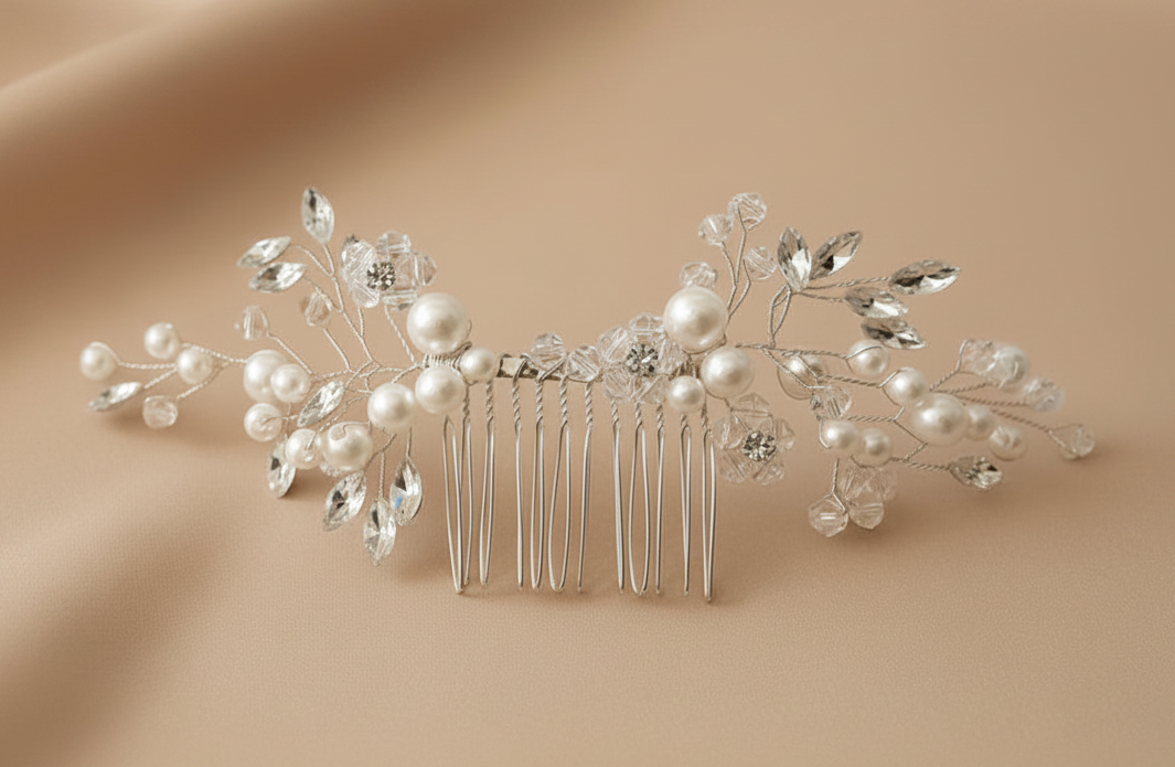 Brautschmuck Haarkamm mit Perlen und Kristallblüten