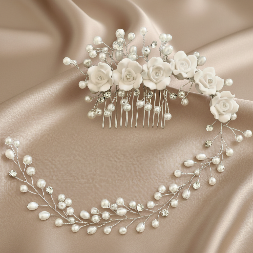 Brautschmuck Haarkamm mit Perlen und Rosen lang