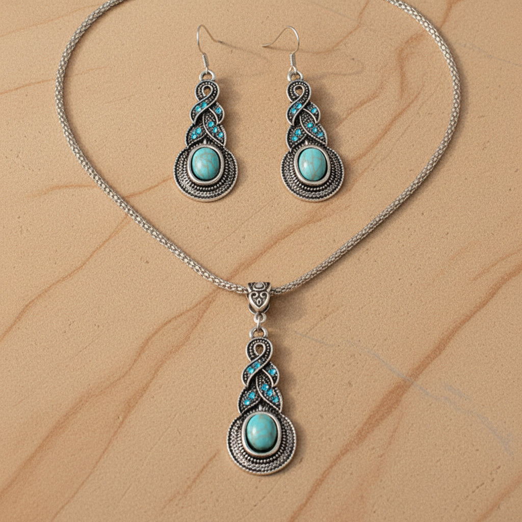 Schmuckset Türkis Strass Boho silberfarben antik