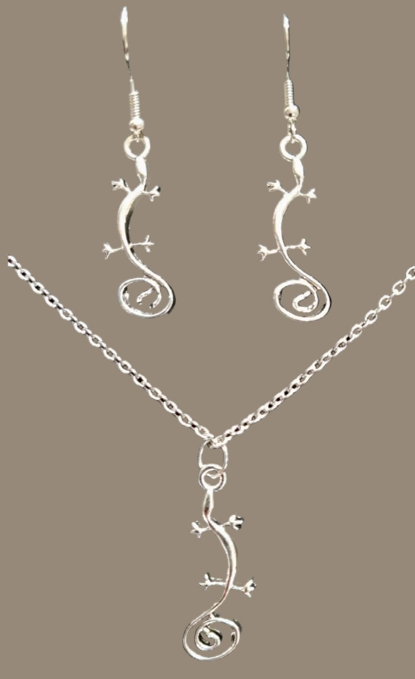 Gecko Schmuckset Kette und Ohrringe silberfarben
