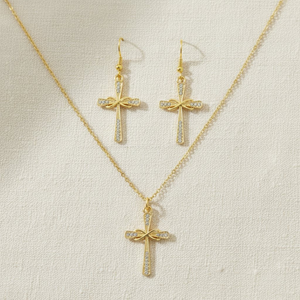 Schmuckset Kreuz mit Schleife silber- oder gold