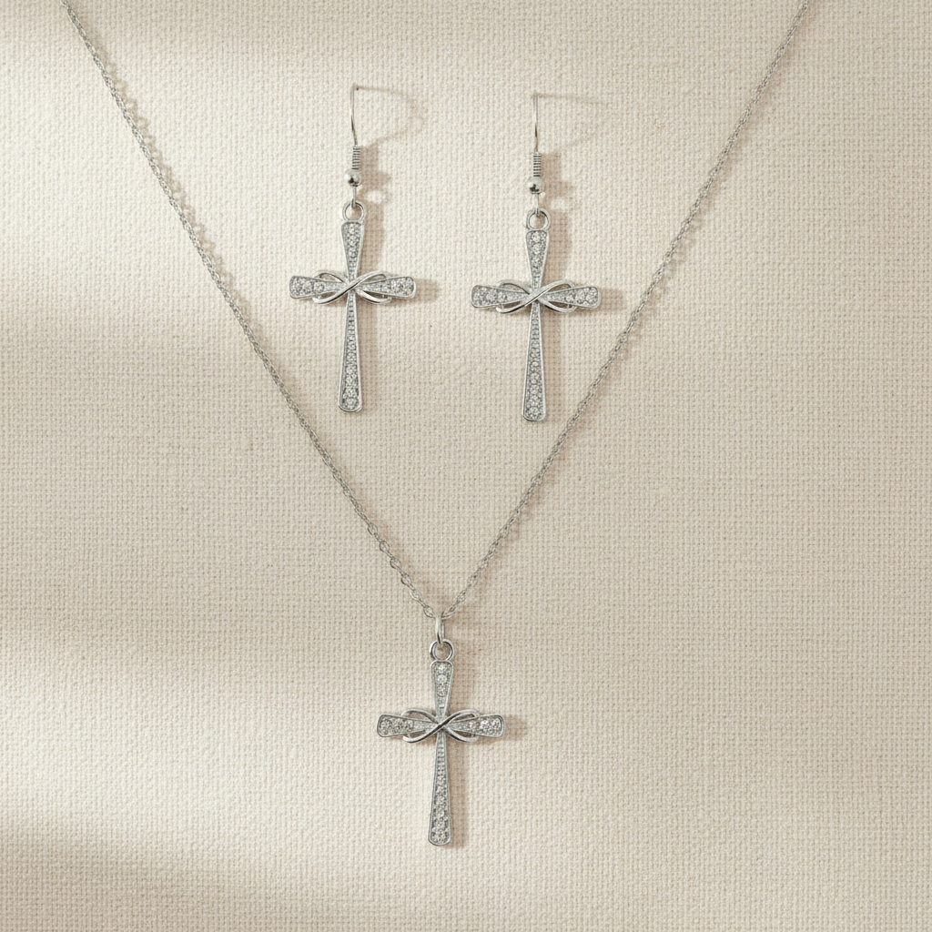 Schmuckset Kreuz mit Schleife silber- oder gold