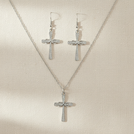 Schmuckset Kreuz mit Schleife silber- oder gold