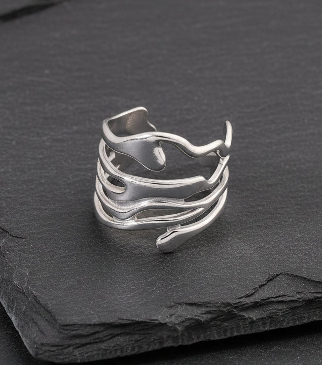 Wellen Ring Edelstahl silberfarben größenverstellbar