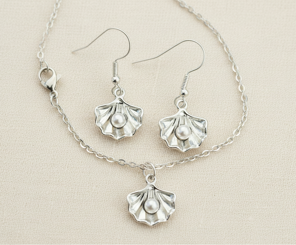 Muschel & Perle Schmuckset – Kette & Ohrringe silber