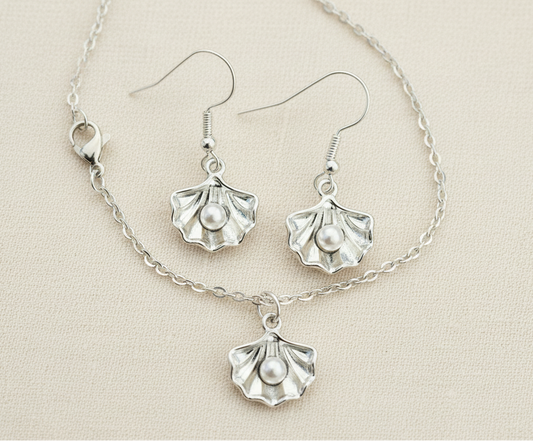 Muschel & Perle Schmuckset – Kette & Ohrringe silber