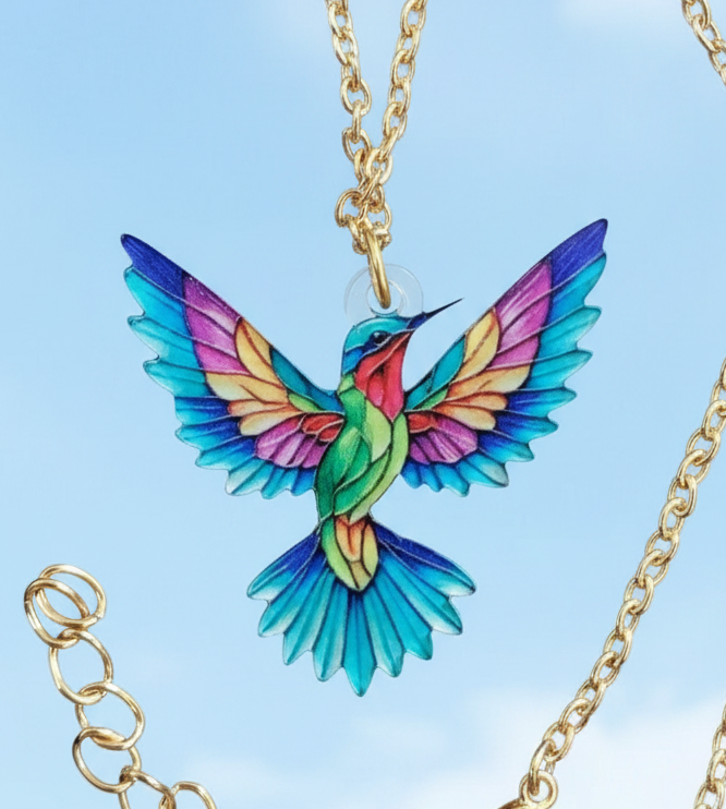 Kolibri Kette bunt – Acryl Anhänger goldfarben