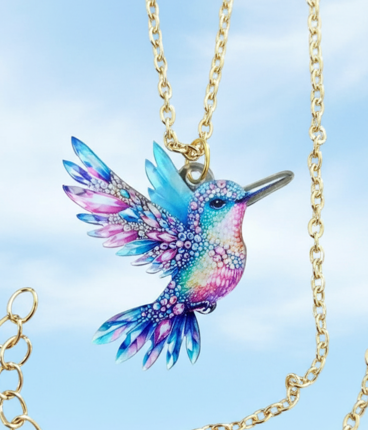 Kolibri Kette blau rosa – Acryl Anhänger goldfarben