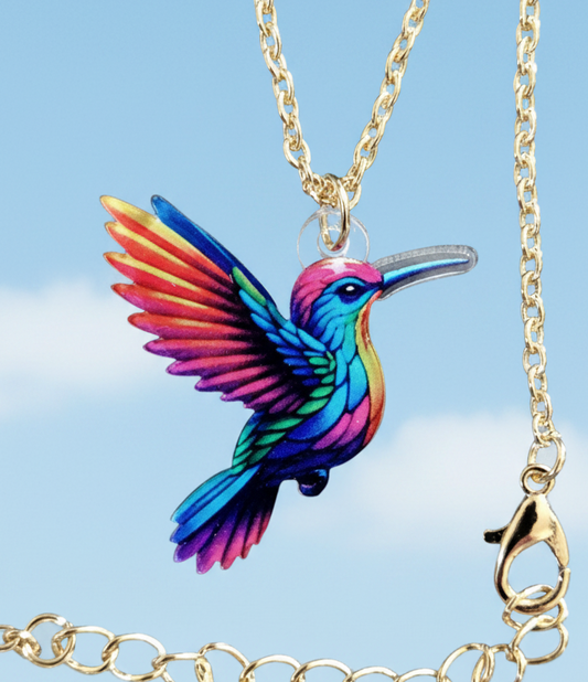 Kolibri Kette bunt – Acryl Anhänger goldfarben