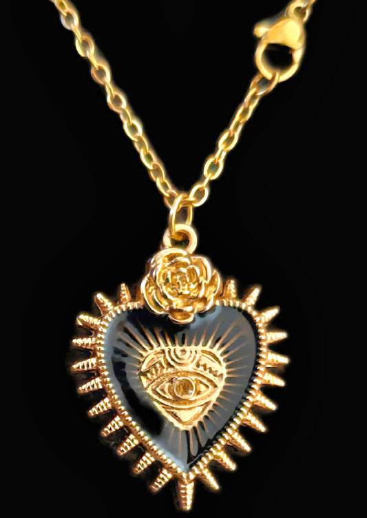 Halskette Sacred Heart Rose All-Seeing Eye Edelstahl gold schwarzes Herz Nahaufnahme