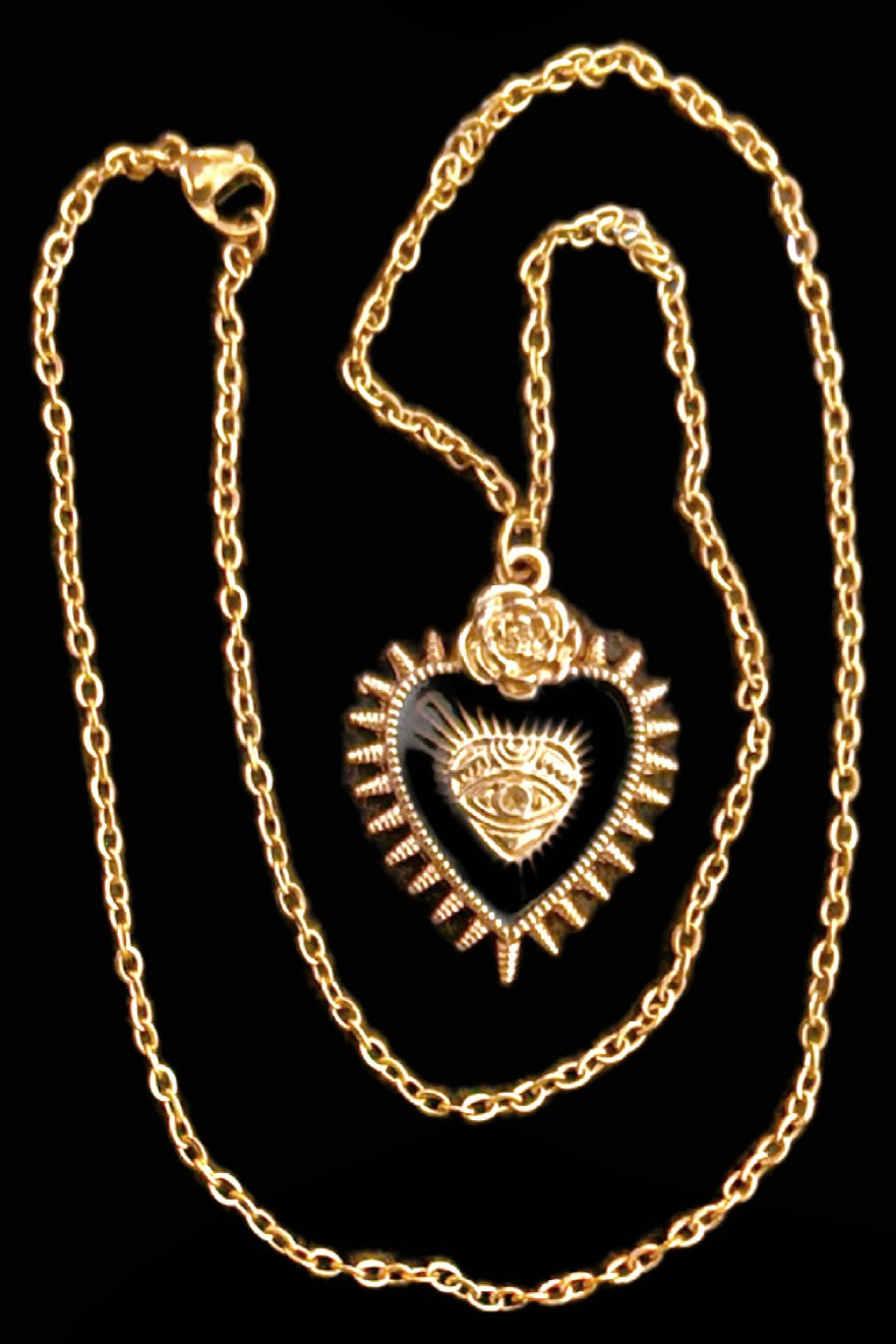 Halskette Sacred Heart Rose All-Seeing Eye Edelstahl gold schwarzes Herz komplett