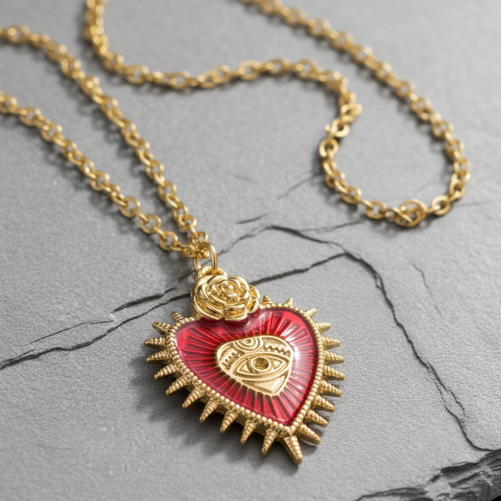 Halskette Sacred Heart Rose & All-Seeing Eye – Edelstahl goldfarben
