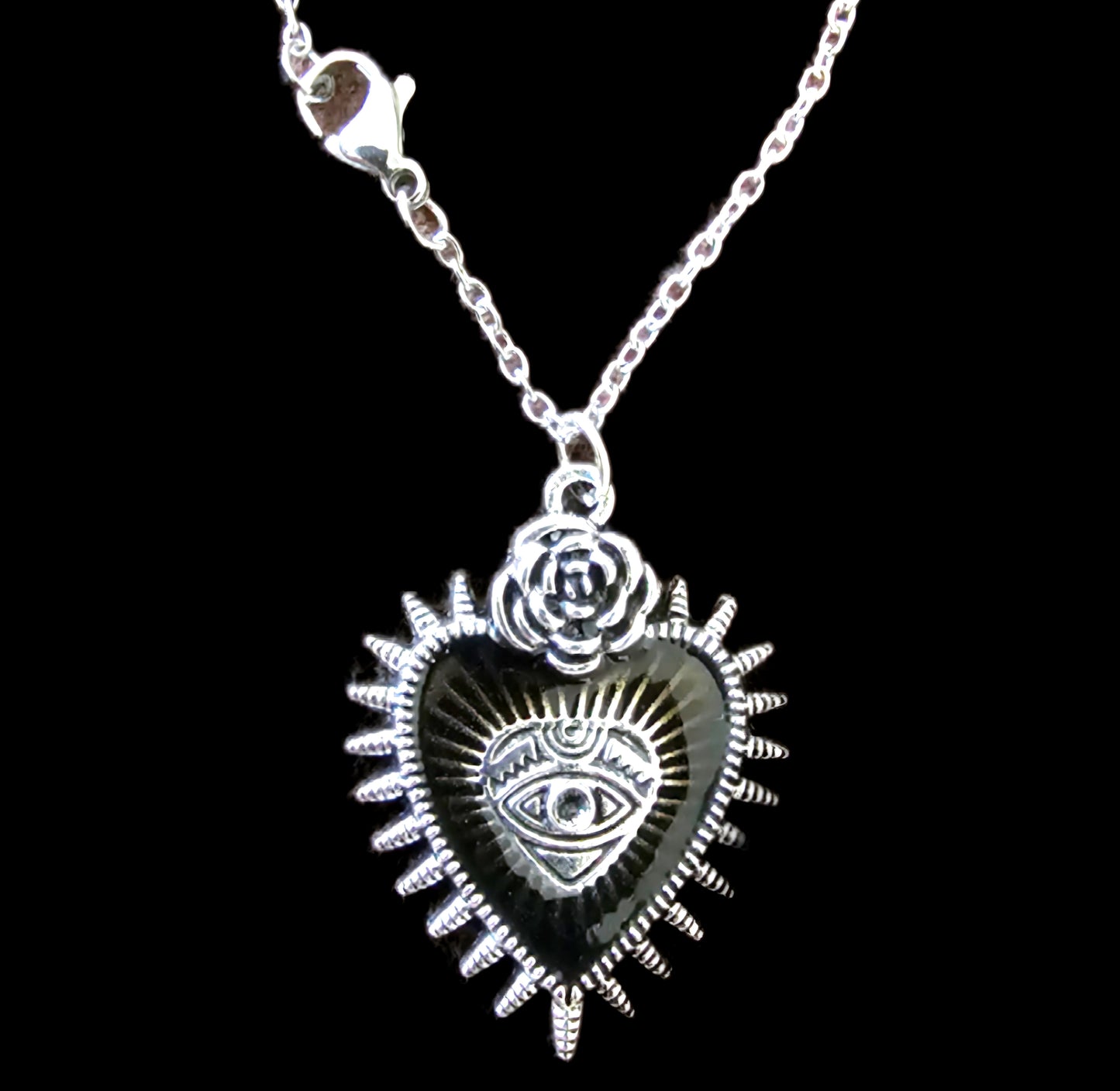 Halskette Sacred Heart mit Rose & All-Seeing Eye – Edelstahl silber