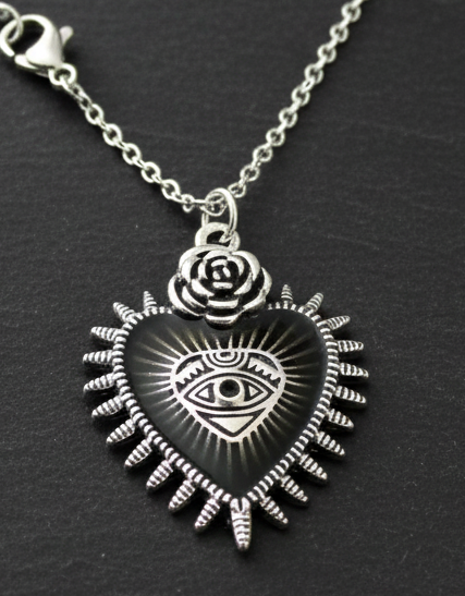Halskette Sacred Heart mit Rose & All-Seeing Eye – Edelstahl silber