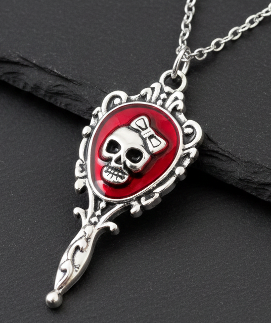 Halskette Totenkopf Spiegel – Edelstahl silber rot