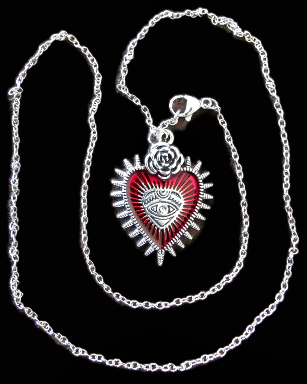 Halskette Sacred Heart mit Rose & All-Seeing Eye – Edelstahl silber