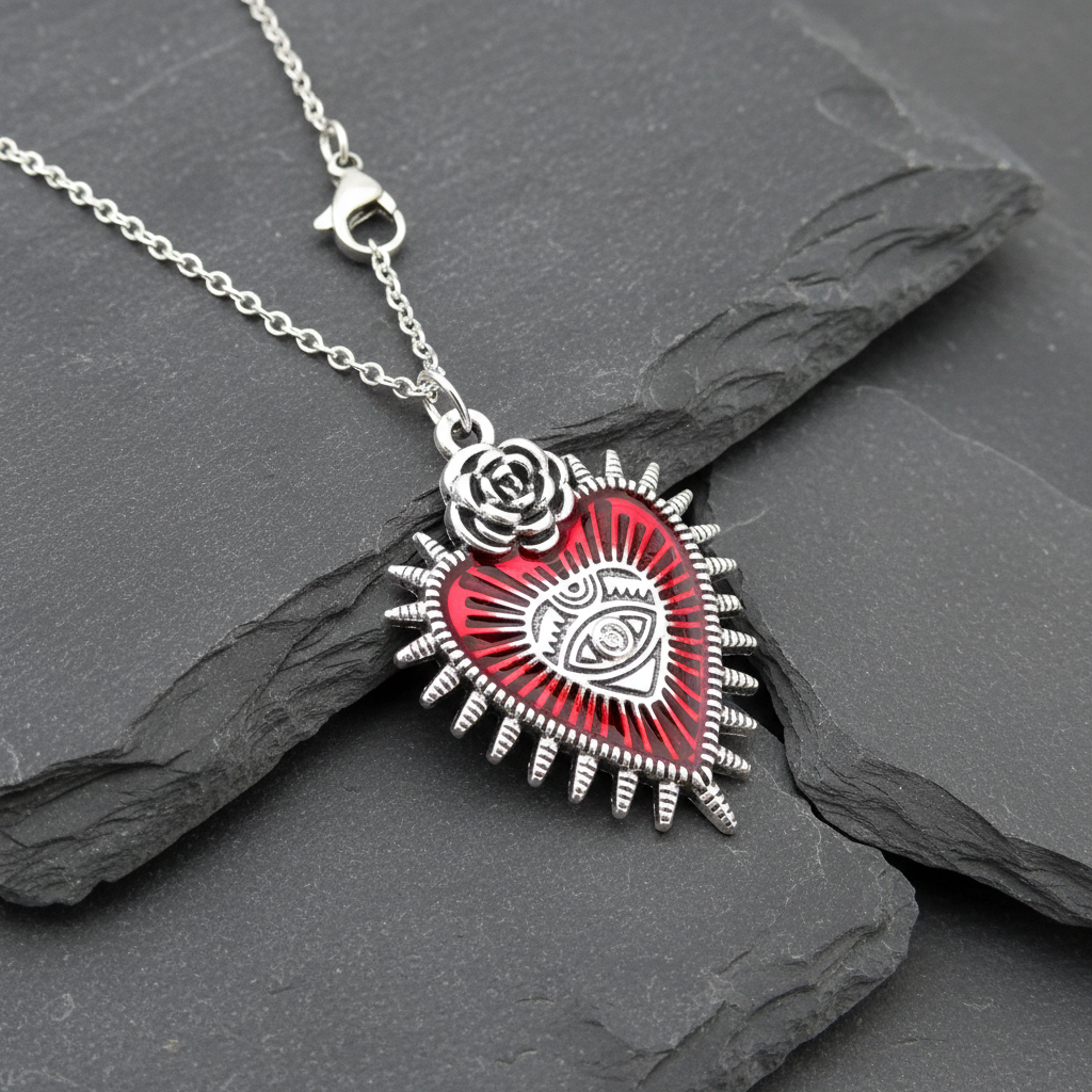 Halskette Sacred Heart mit Rose & All-Seeing Eye – Edelstahl silber