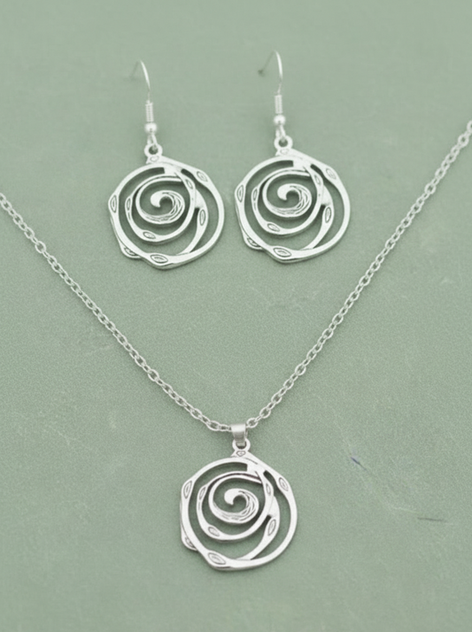 Schmuckset Rosen-Spirale – Kette & Ohrringe Edelstahl silber