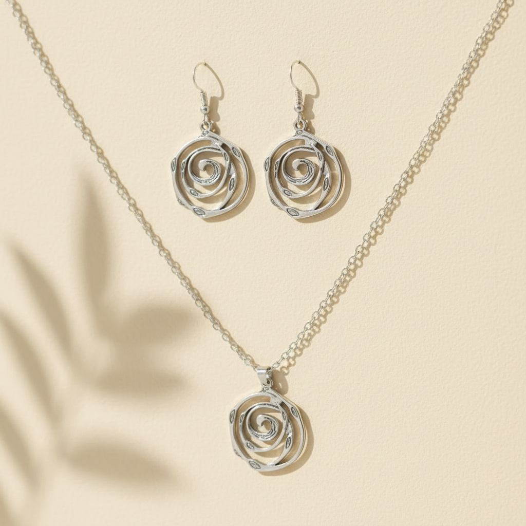 Schmuckset Rosen-Spirale – Kette & Ohrringe Edelstahl silber
