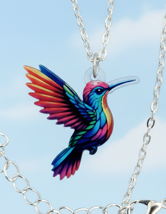 Kolibri Kette bunt silber – Acryl Anhänger