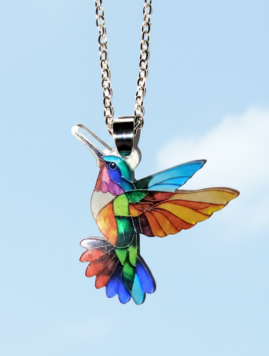 Kolibri Kette bunt Mosaik – Acryl Anhänger silber