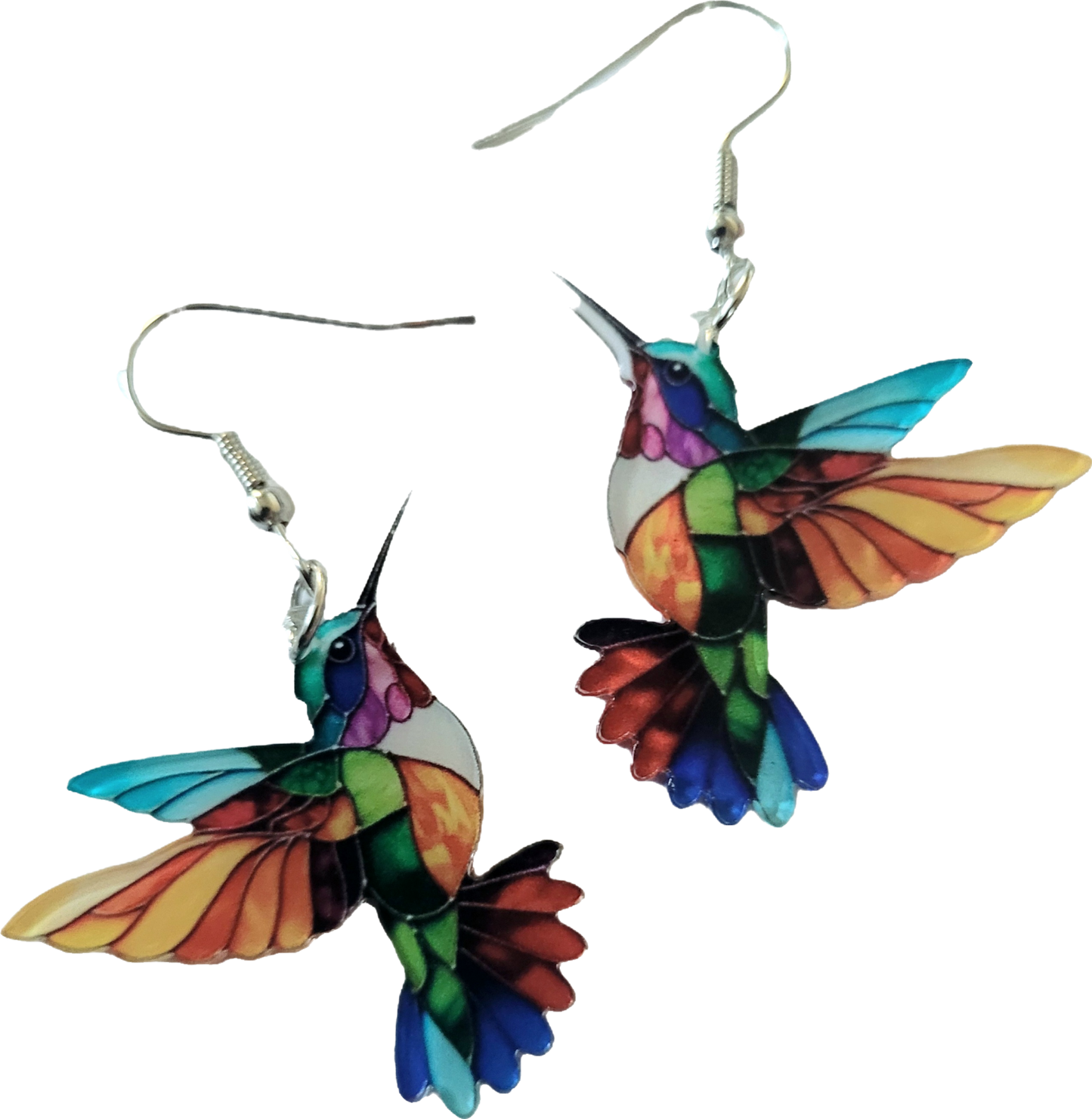 Kolibri Ohrringe bunt Mosaik mit silberfarbenem Fischhaken auf weißem Hintergrund