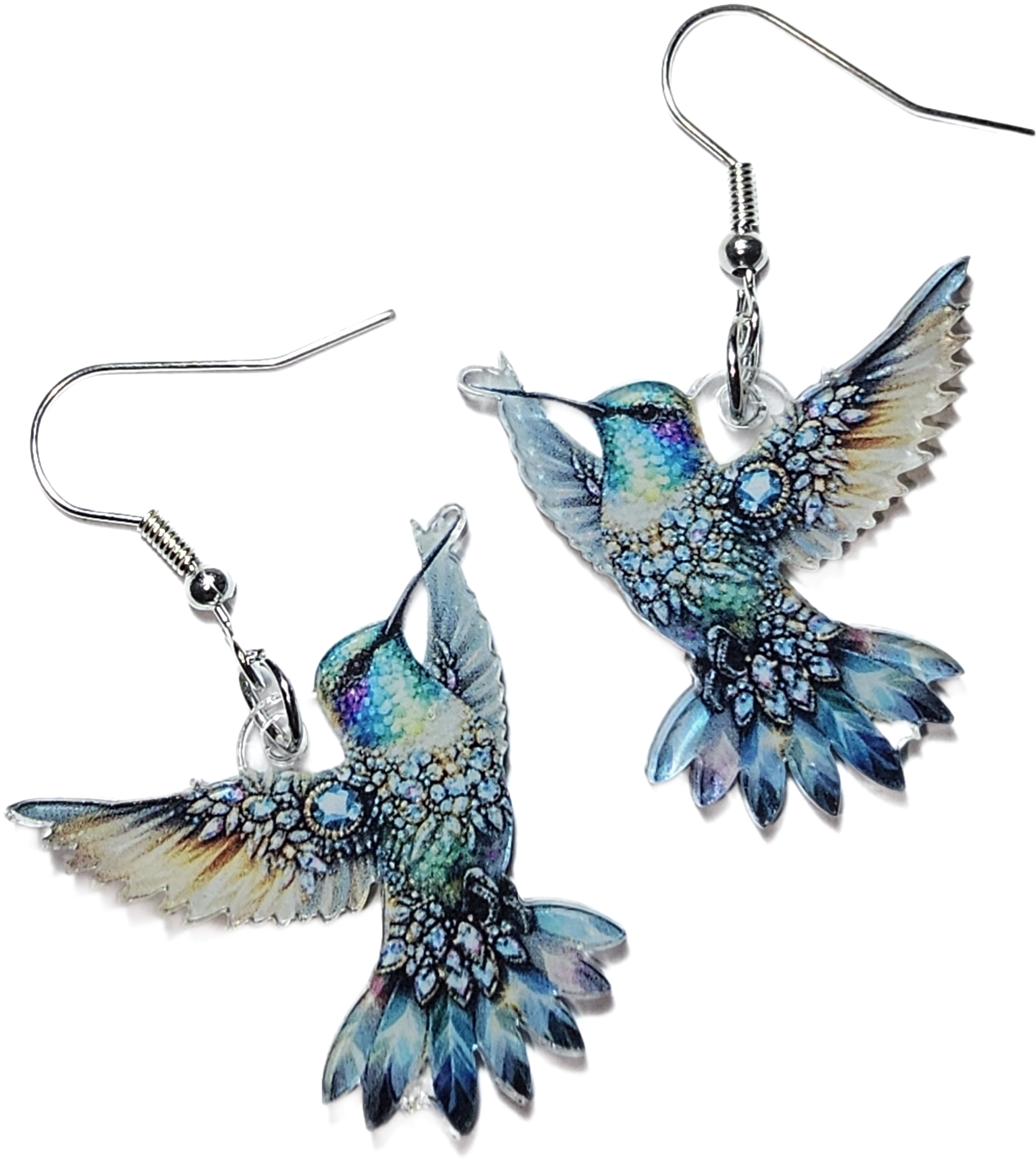Kolibri Ohrringe blau türkis Mandala mit silberfarbenem Fischhaken auf weißem Hintergrund