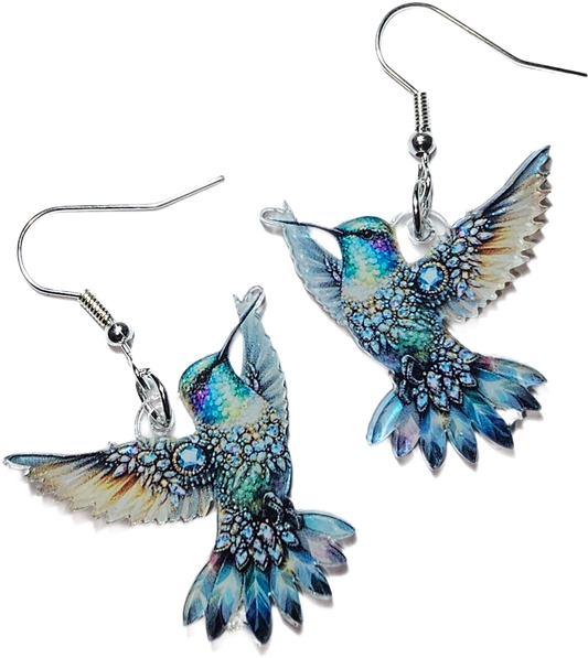 Kolibri Ohrringe blau türkis Mandala mit silberfarbenem Fischhaken auf weißem Hintergrund